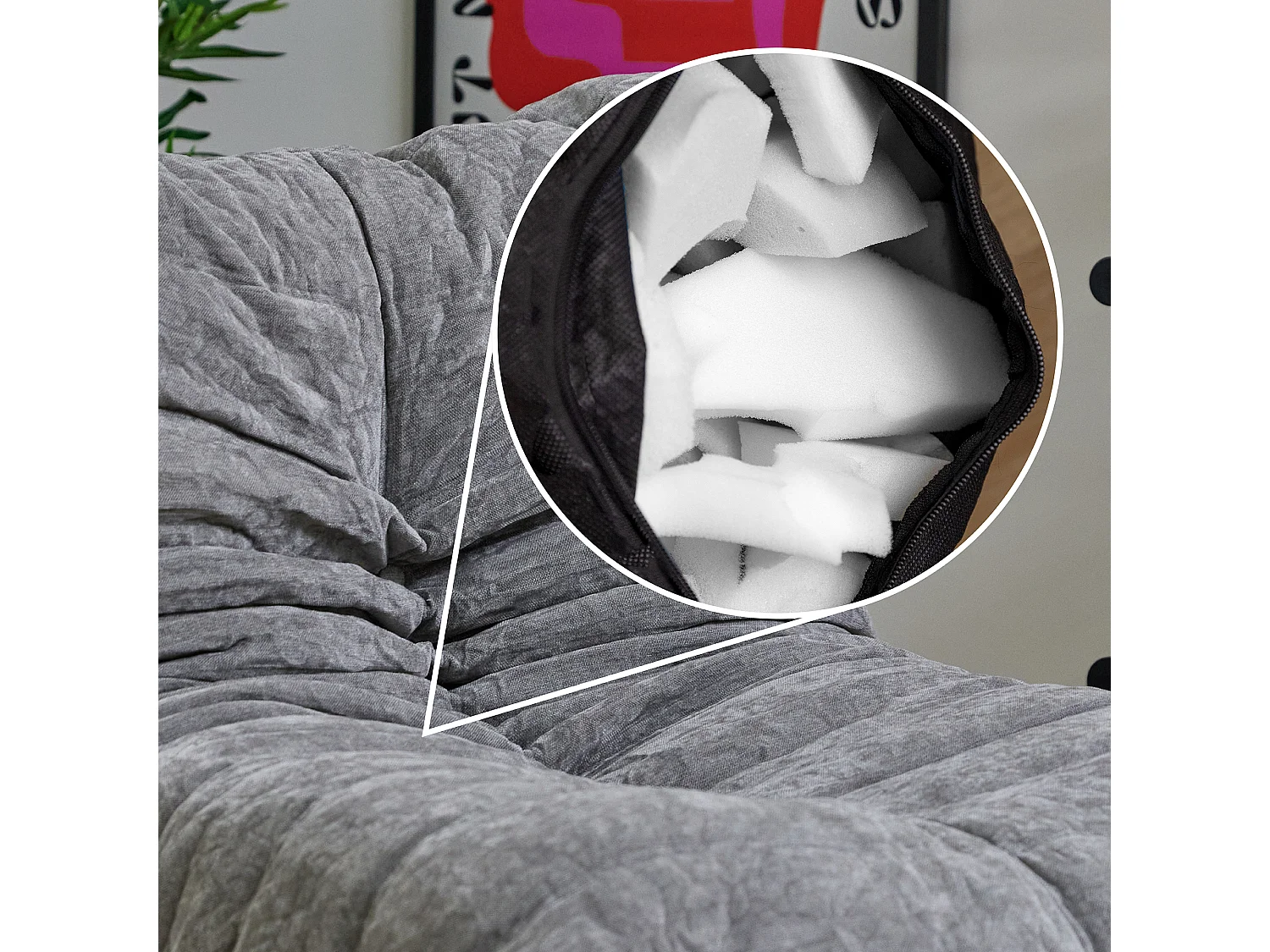 Pouf chauffeuse en tissu chenille garni de mousse extensible, gris - ENZO