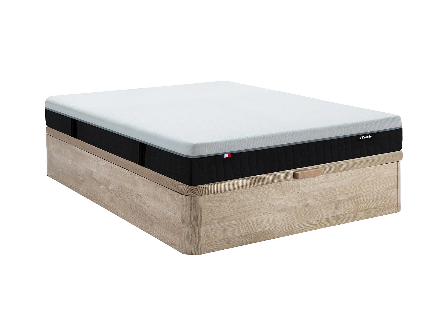 160 x 200 cm set med ljus naturlig sängram med förvaring + brandsäker hybridmadrass med 9-zons individuellt pocketsystem, memory foam och latex 28 cm tjock - SLOMAS från YSMÉE