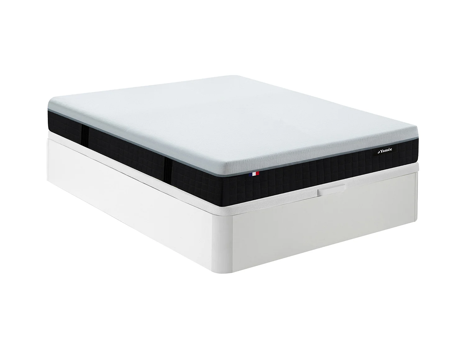 Set 160 x 200 cm förvaringssäng med vit ram + brandsäker hybridmadrass med 9 zoner, memoryskum och latex tjocklek 28 cm - SLOMAS från YSMÉE