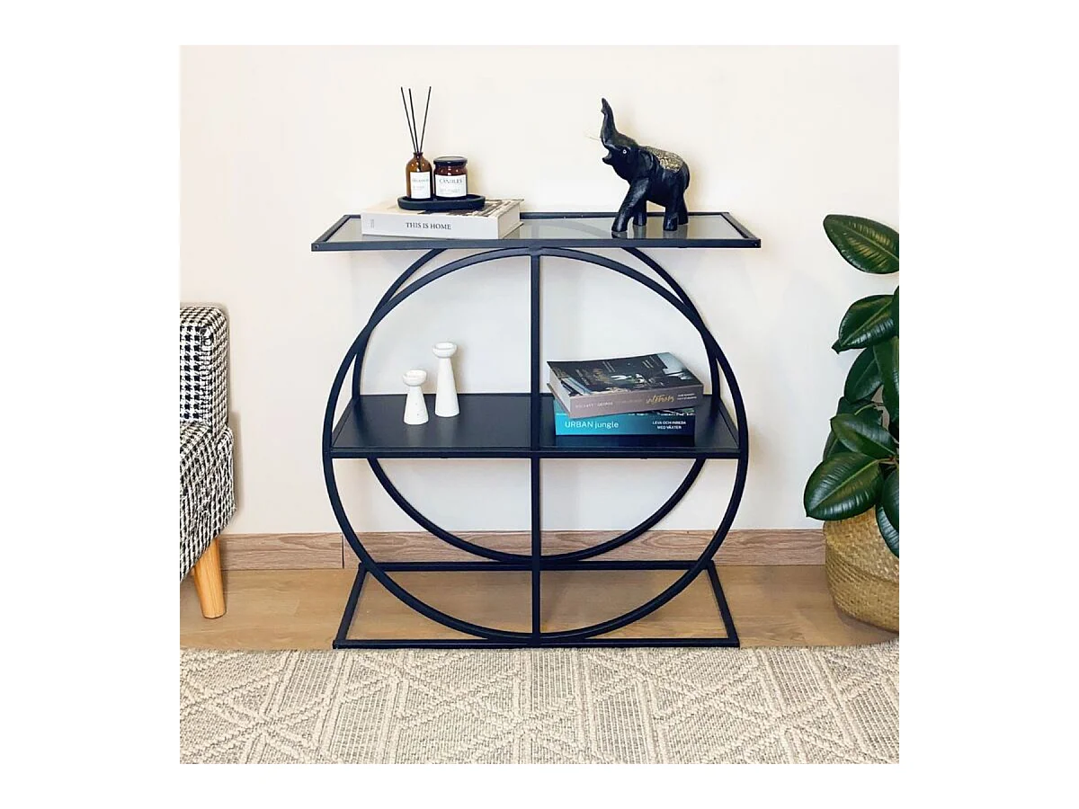 Console plateau en verre fumé et pied circulaire en Métal noir L80 cm - CLOUDY