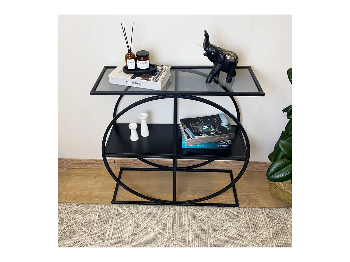 Console plateau en verre fumé et pied circulaire en Métal noir L80 cm - CLOUDY