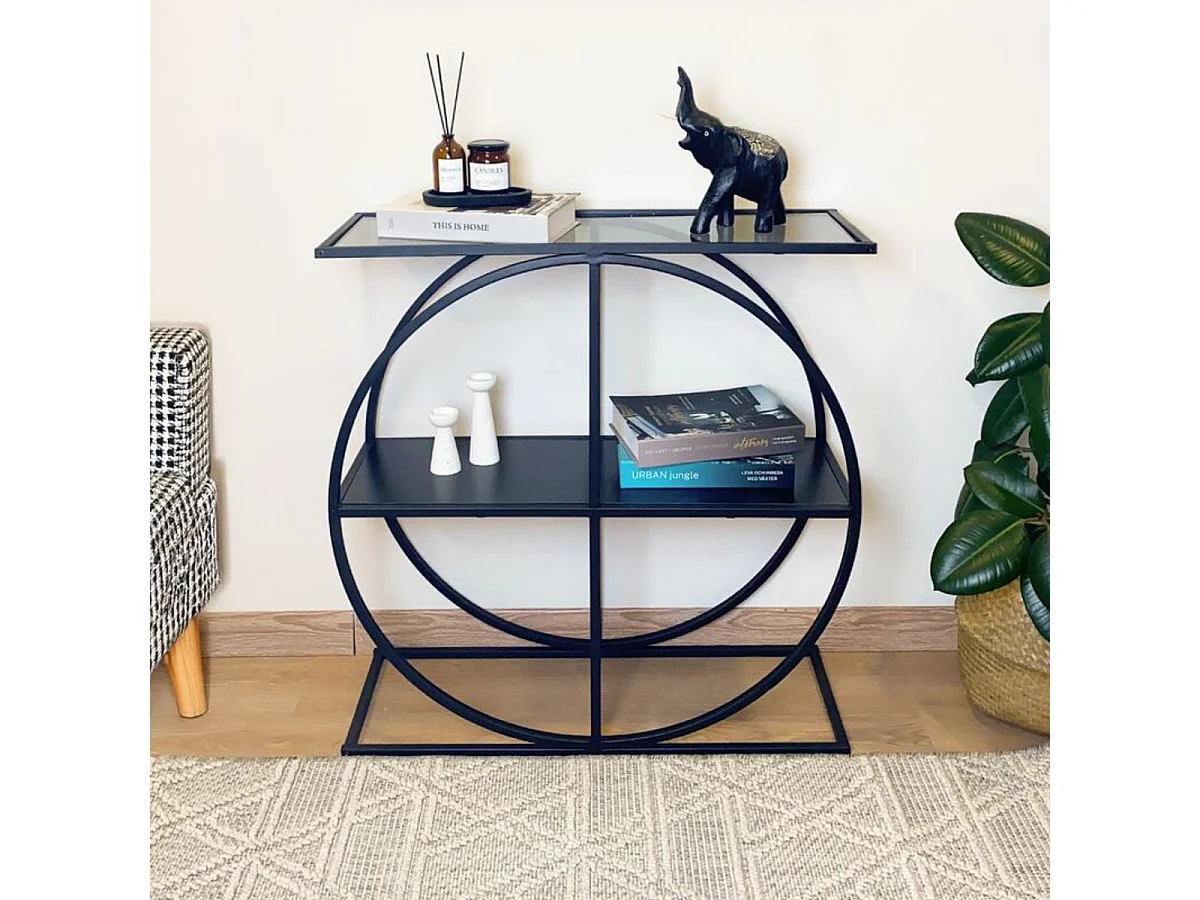 Console plateau en verre fumé et pied circulaire en Métal noir L80 cm - CLOUDY