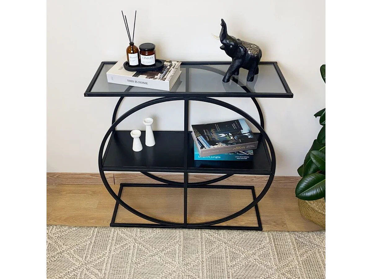 Console plateau en verre fumé et pied circulaire en Métal noir L80 cm - CLOUDY