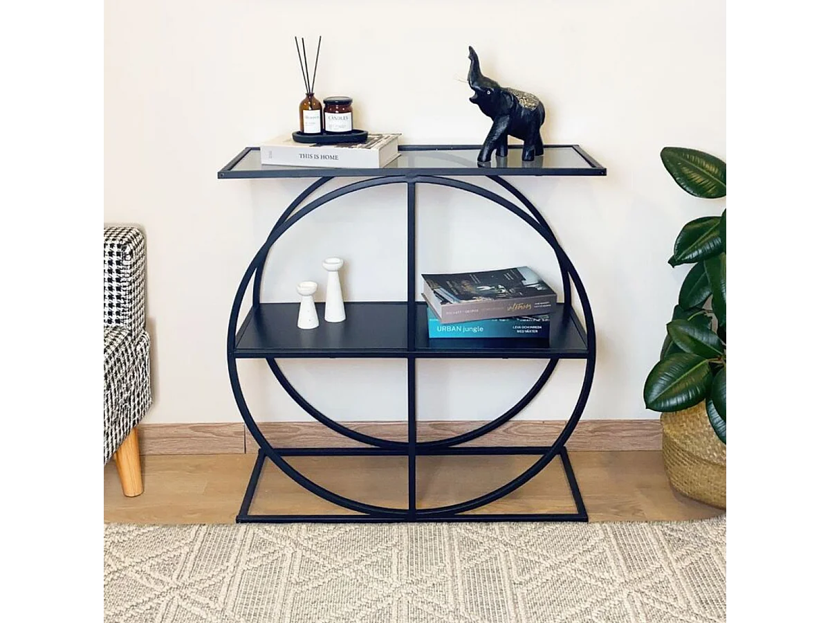 Console plateau en verre fumé et pied circulaire en Métal noir L80 cm - CLOUDY