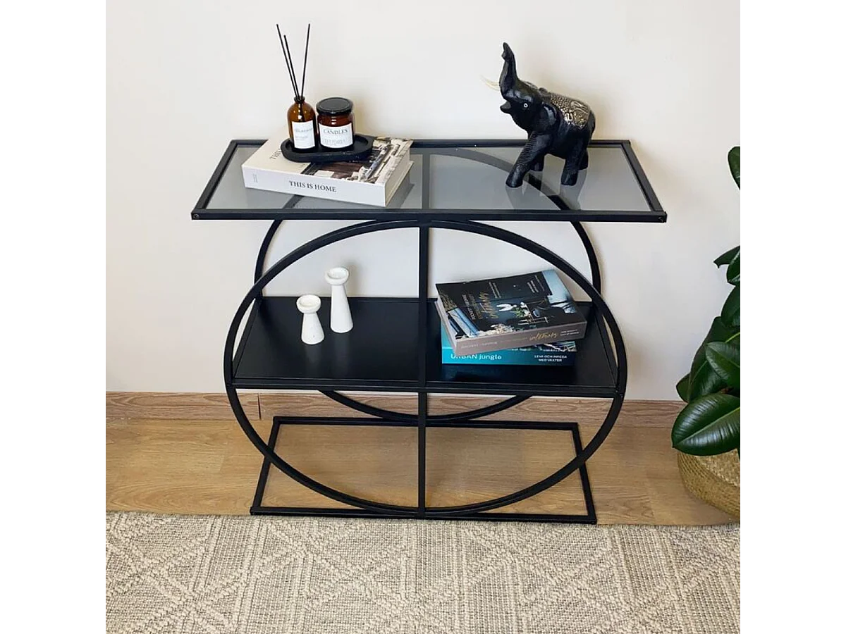 Console plateau en verre fumé et pied circulaire en Métal noir L80 cm - CLOUDY
