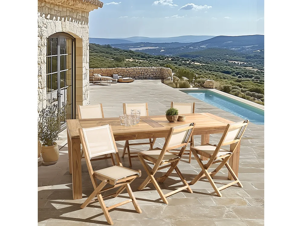 FUN - Ensemble de jardin en bois teck et textilène 8/10 personnes