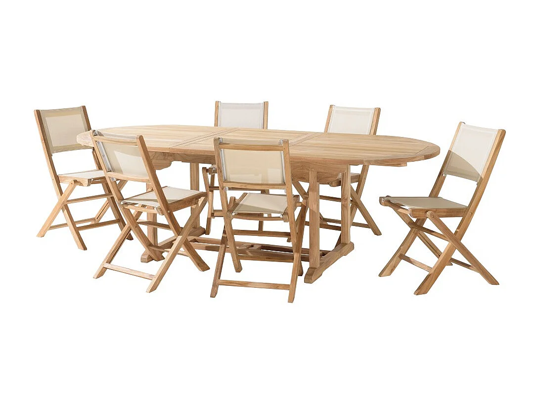 FUN - Ensemble de jardin en bois teck et textilène 8/10 personnes