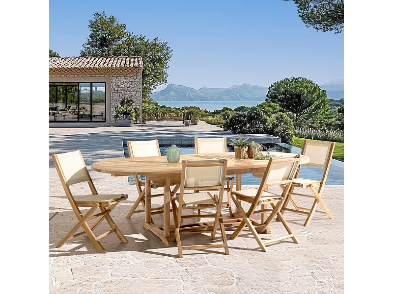 FUN - Ensemble de jardin en bois teck et textilène 8/10 personnes