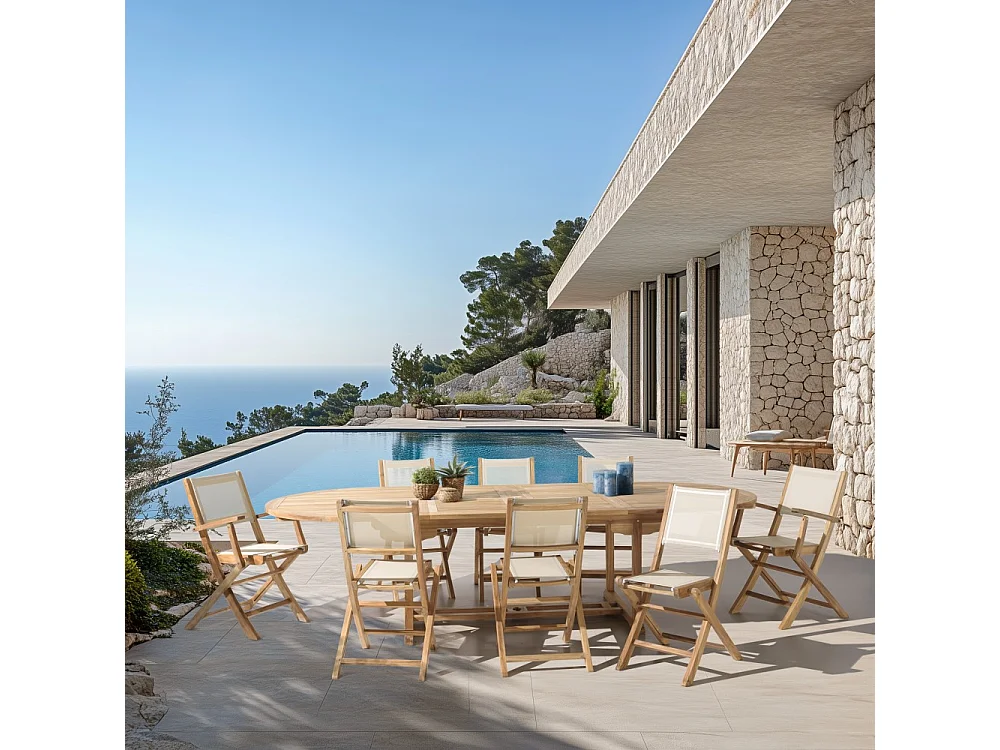 FUN - Ensemble de jardin en bois teck et textilène 10/12 personnes