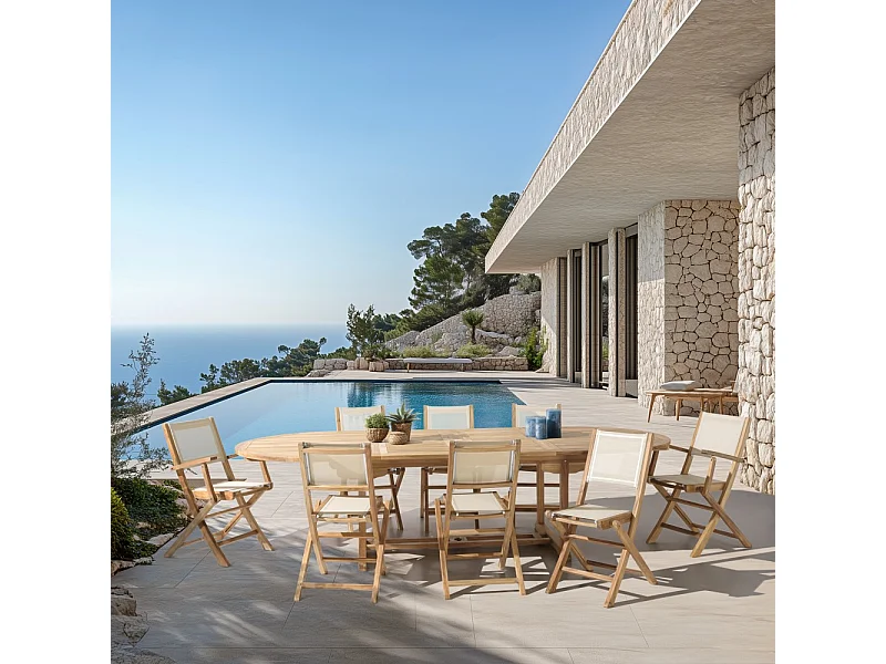 FUN - Ensemble de jardin en bois teck et textilène 10/12 personnes