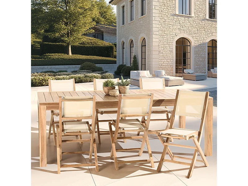FUN - Ensemble de jardin en bois teck et textilène 8/10 personnes