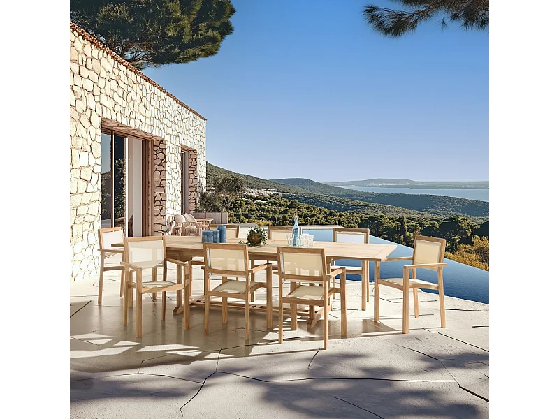 FUN - Ensemble de jardin en bois teck et textilène 10/12 personnes