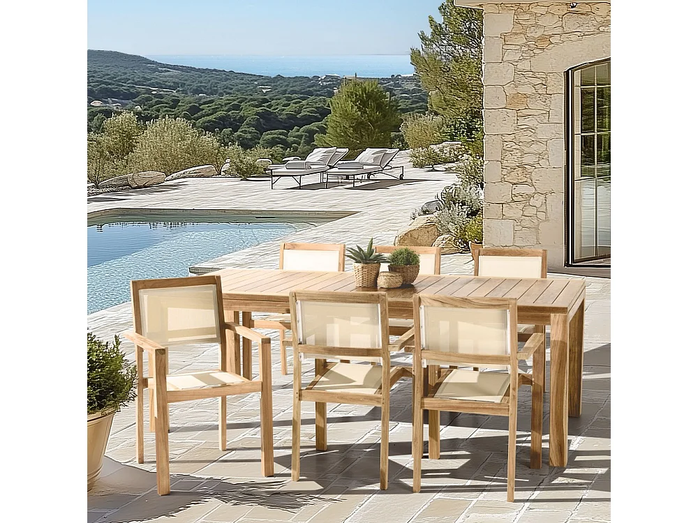 FUN - Ensemble de jardin en bois teck et textilène 8/10 personnes