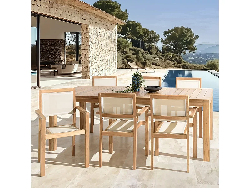 FUN - Ensemble de jardin en bois teck et textilène 8/10 personnes