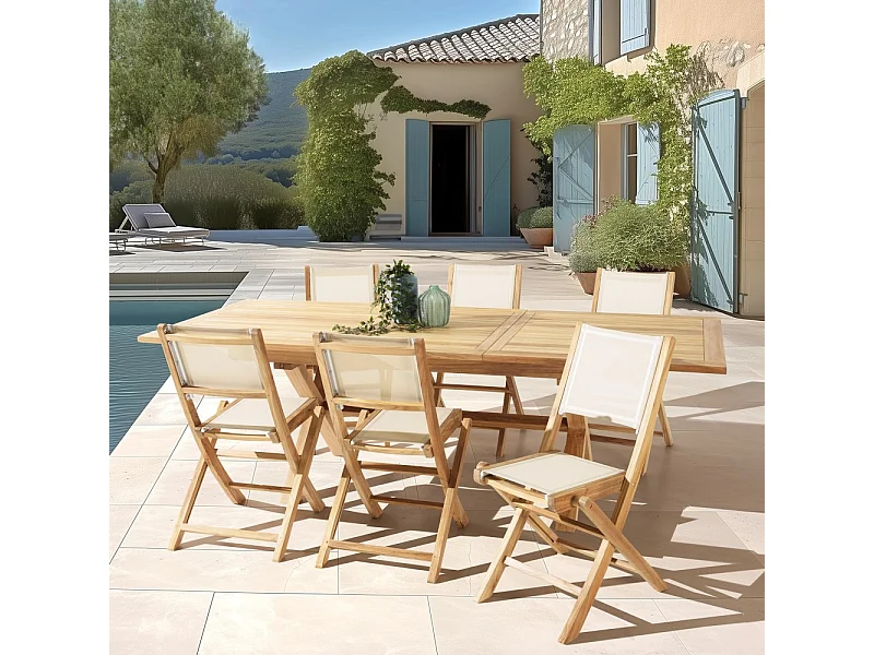 FUN - Ensemble de jardin en bois teck et textilène 8/10 personnes