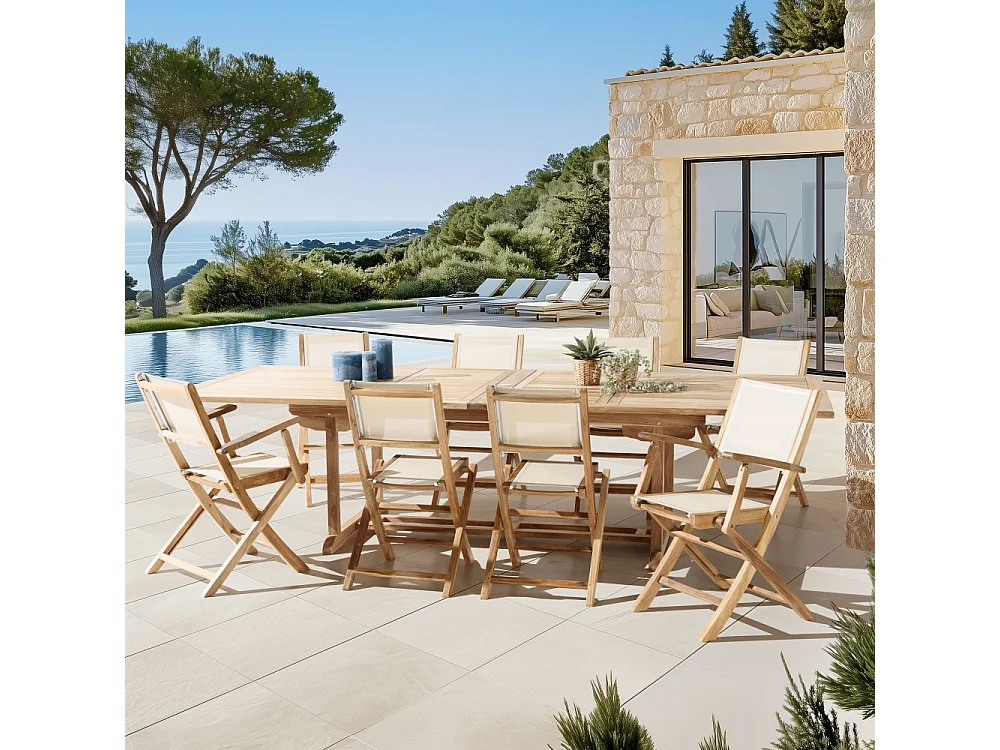 FUN - Ensemble de jardin en bois teck et textilène 10/12 personnes