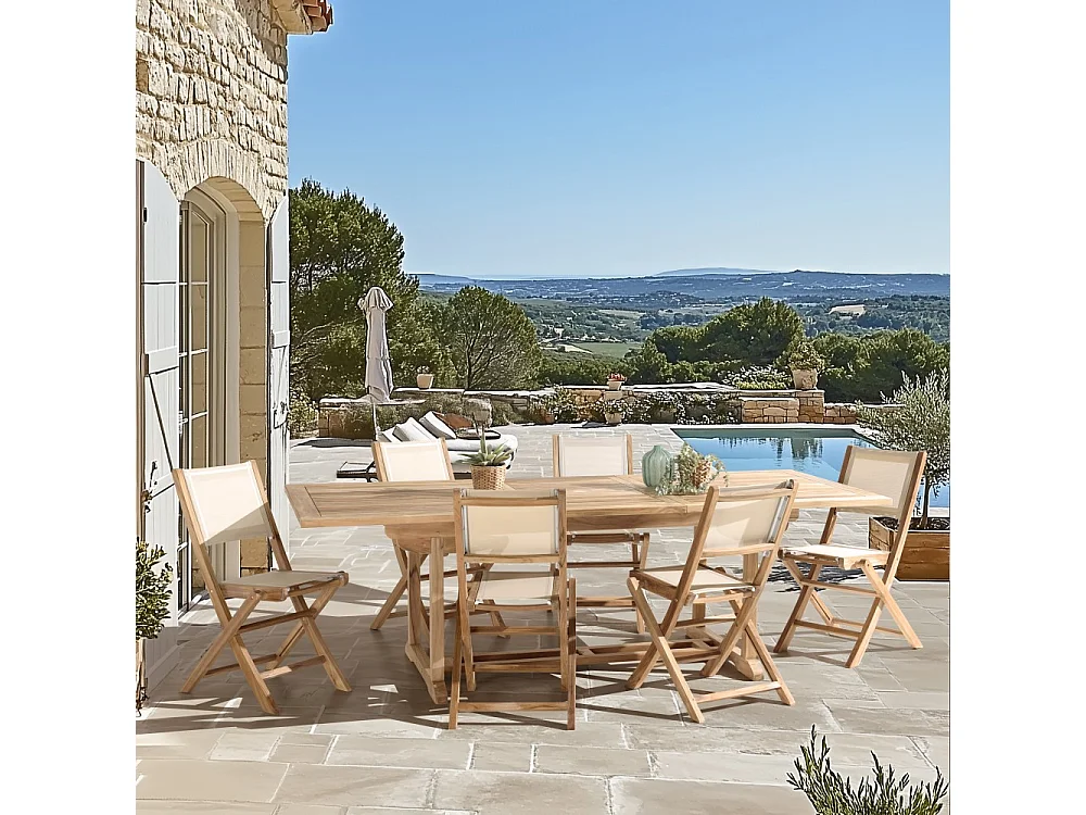 FUN - Ensemble de jardin en bois teck et textilène 8/10 personnes