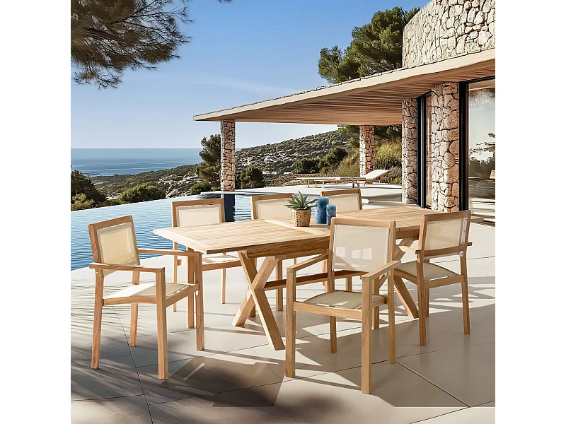 FUN - Ensemble de jardin en bois teck et textilène 8/10 personnes