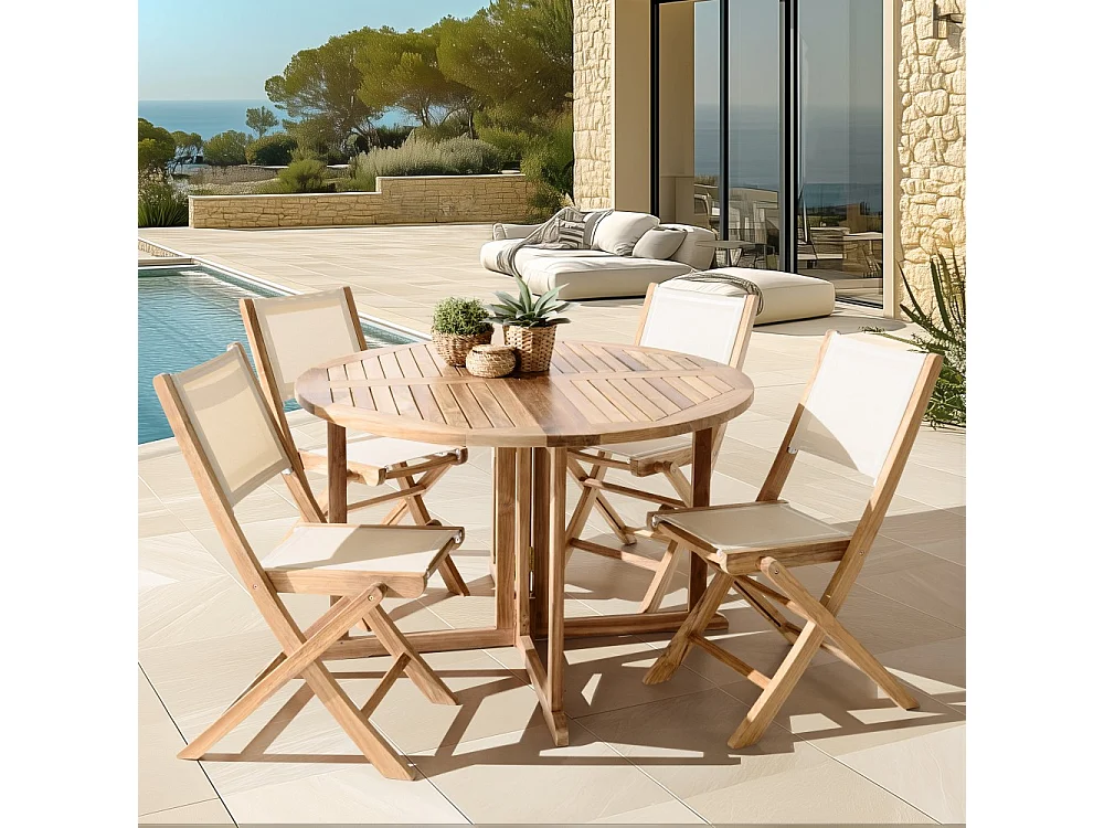 FUN - Salon de jardin en bois teck et textilène 4/6 personnes