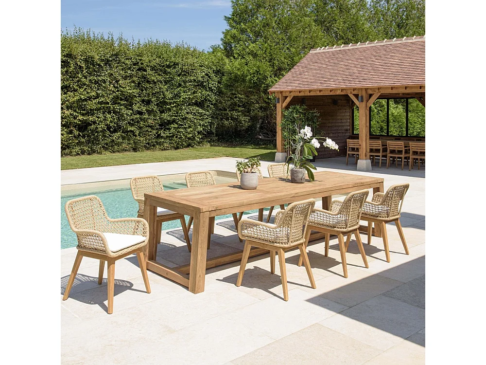 VALERIA - Ensemble de jardin table bois teck recyclé+4 fauteuils rotin