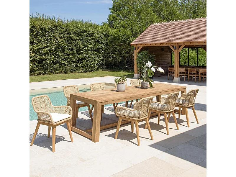 VALERIA - Ensemble de jardin table bois teck recyclé+4 fauteuils rotin