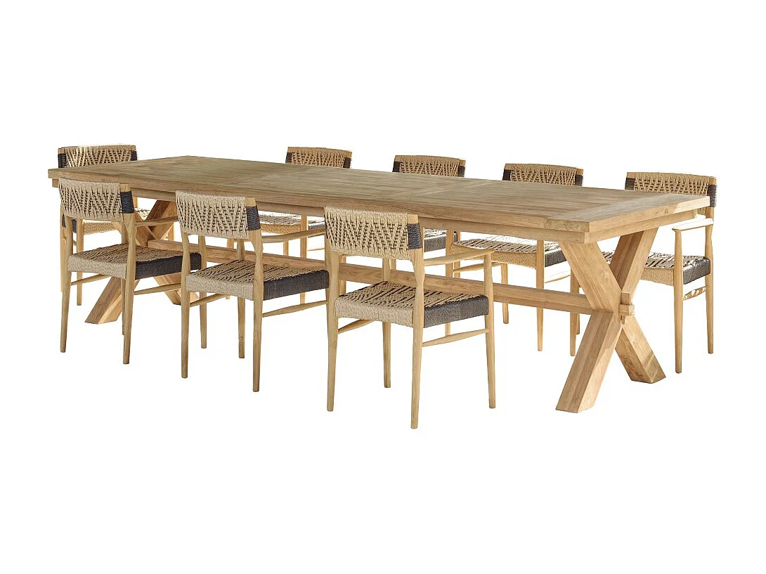 VALERIA - Ensemble de jardin table bois teck recyclé+4 fauteuils rotin