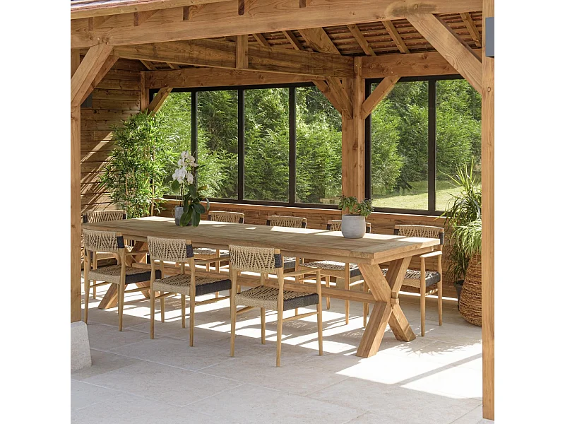 VALERIA - Ensemble de jardin table bois teck recyclé+4 fauteuils rotin