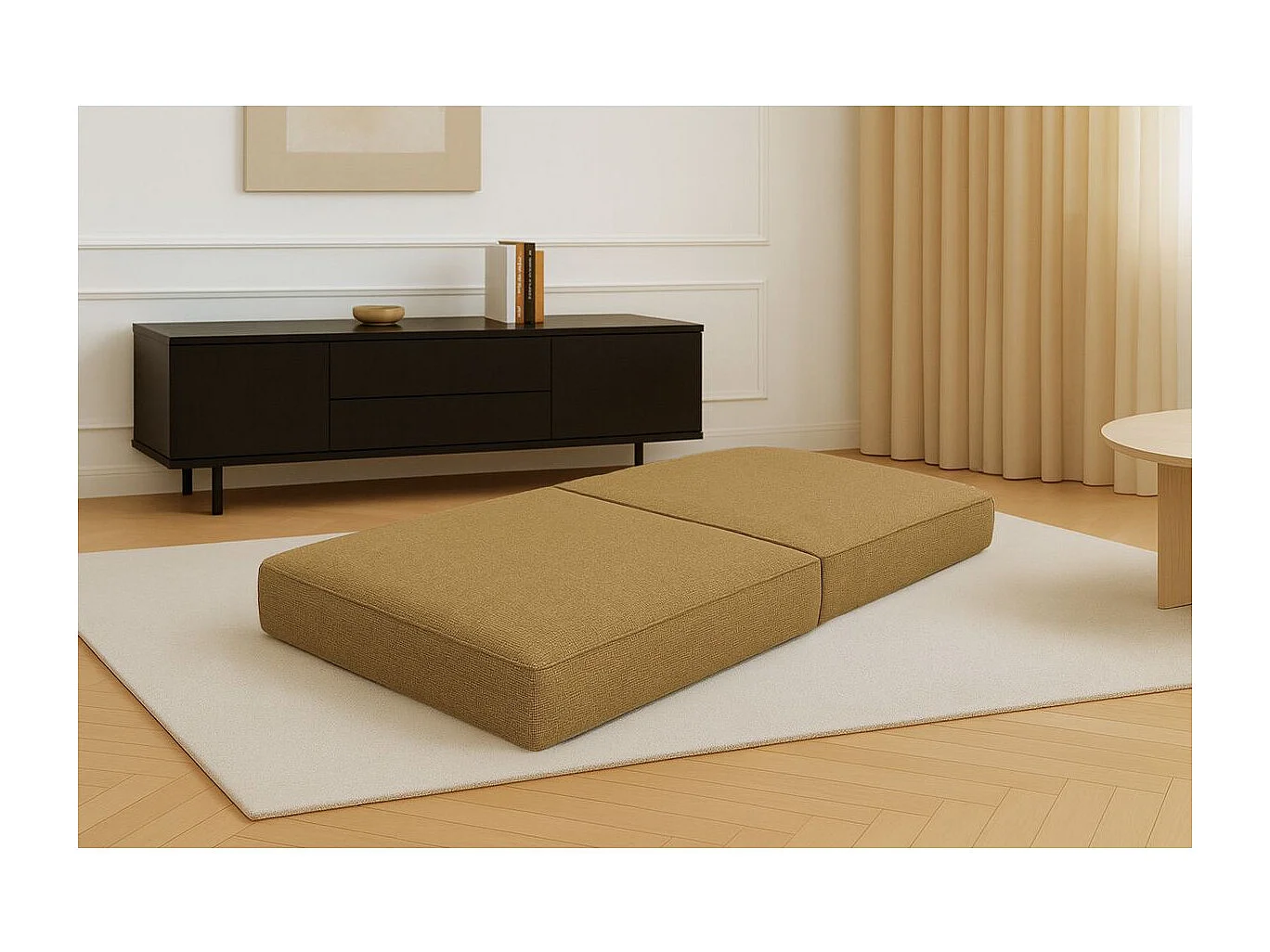 Pouf modulable et convertible - Tissu tweed - Jaune