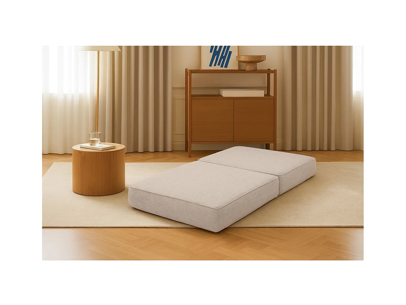 Pouf modulable et convertible - Tissu lisse - Beige