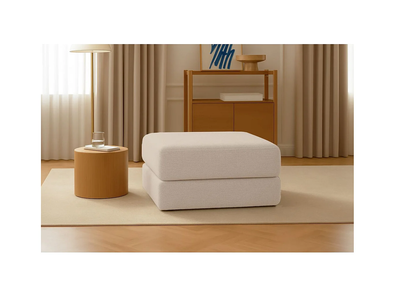 Pouf modulable et convertible - Tissu lisse - Beige