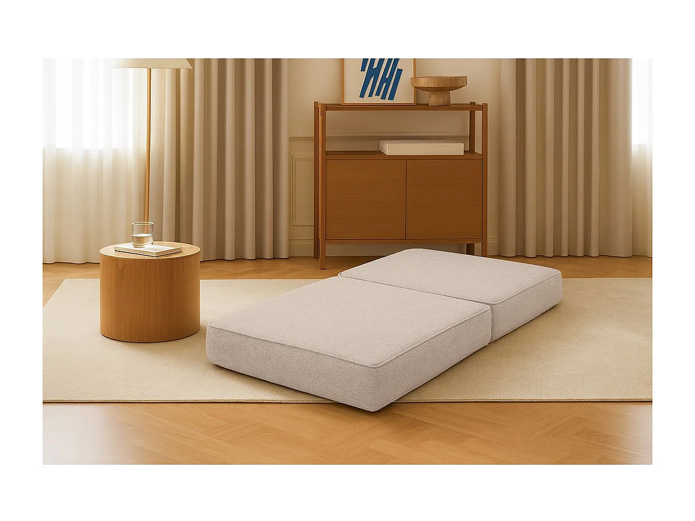 Pouf modulable et convertible - Tissu lisse - Beige