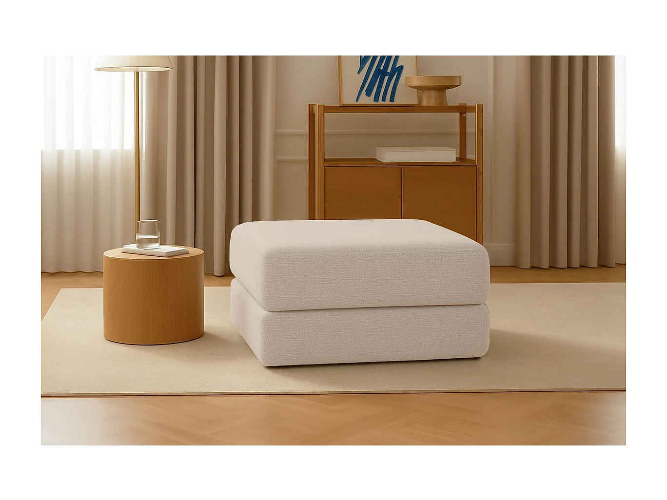 Pouf modulable et convertible - Tissu lisse - Beige