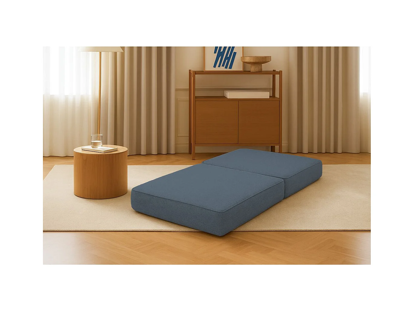 Pouf modulable et convertible - Tissu lisse - Bleu