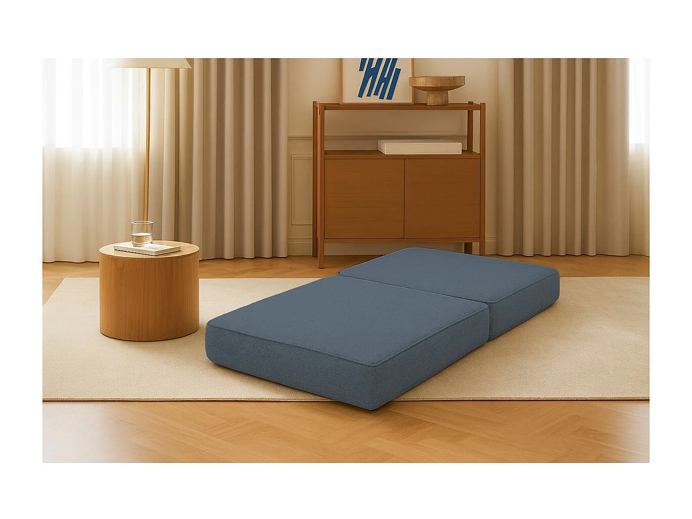 Pouf modulable et convertible - Tissu lisse - Bleu