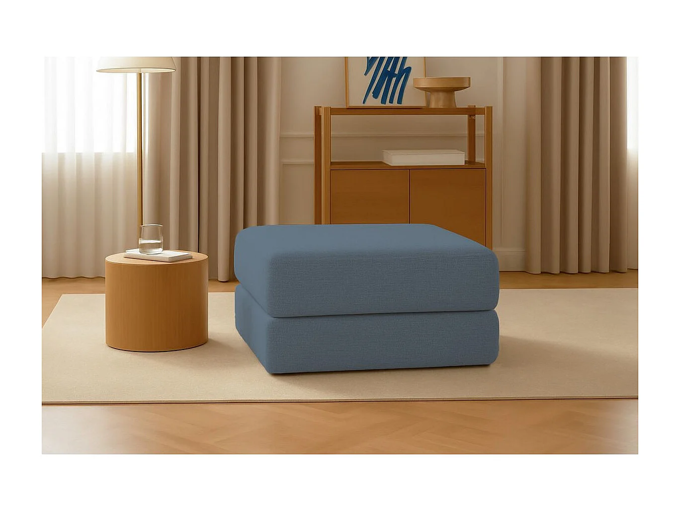 Pouf modulable et convertible - Tissu lisse - Bleu