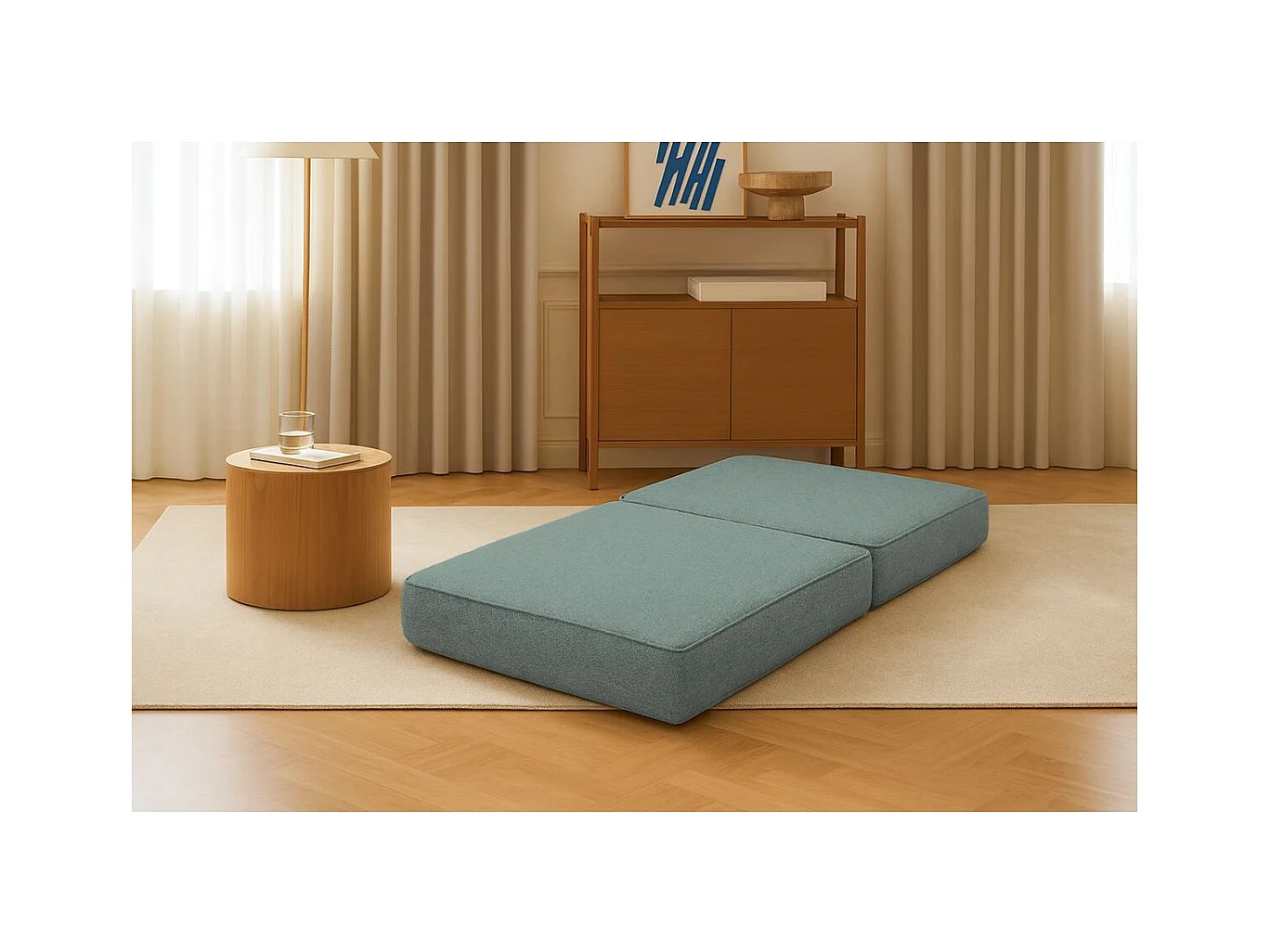 Pouf modulable et convertible - Tissu lisse - Bleu vert
