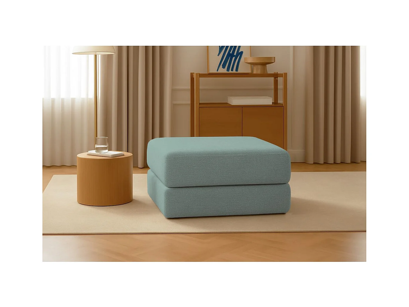 Pouf modulable et convertible - Tissu lisse - Bleu vert