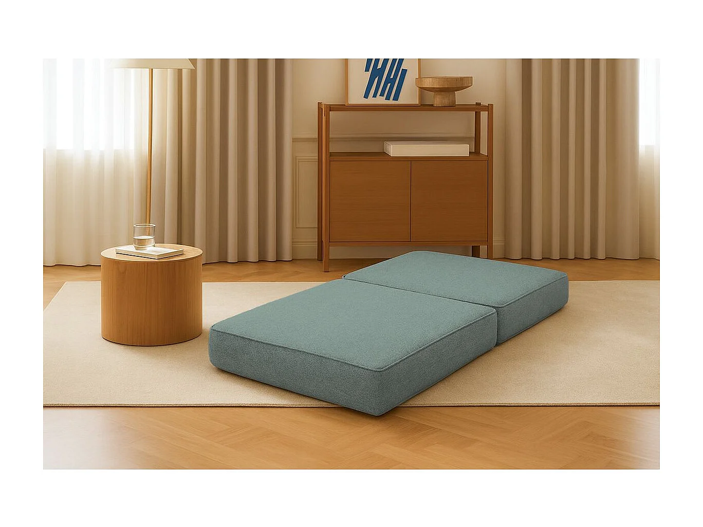 Pouf modulable et convertible - Tissu lisse - Bleu vert