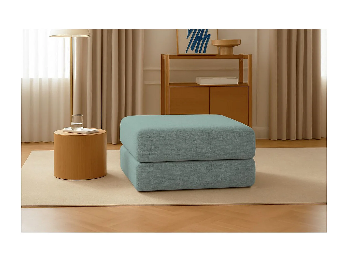 Pouf modulable et convertible - Tissu lisse - Bleu vert
