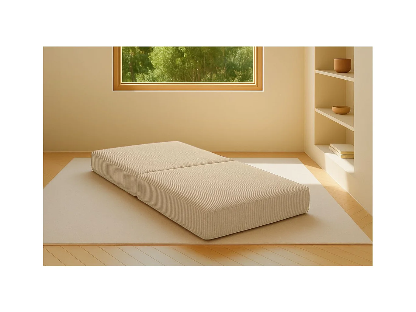 Pouf modulable et convertible - Velours côtelé - Beige