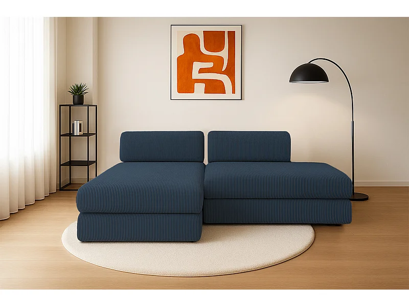 Canapé d'angle modulable et convertible 5 places - Velours côtelé - Bleu