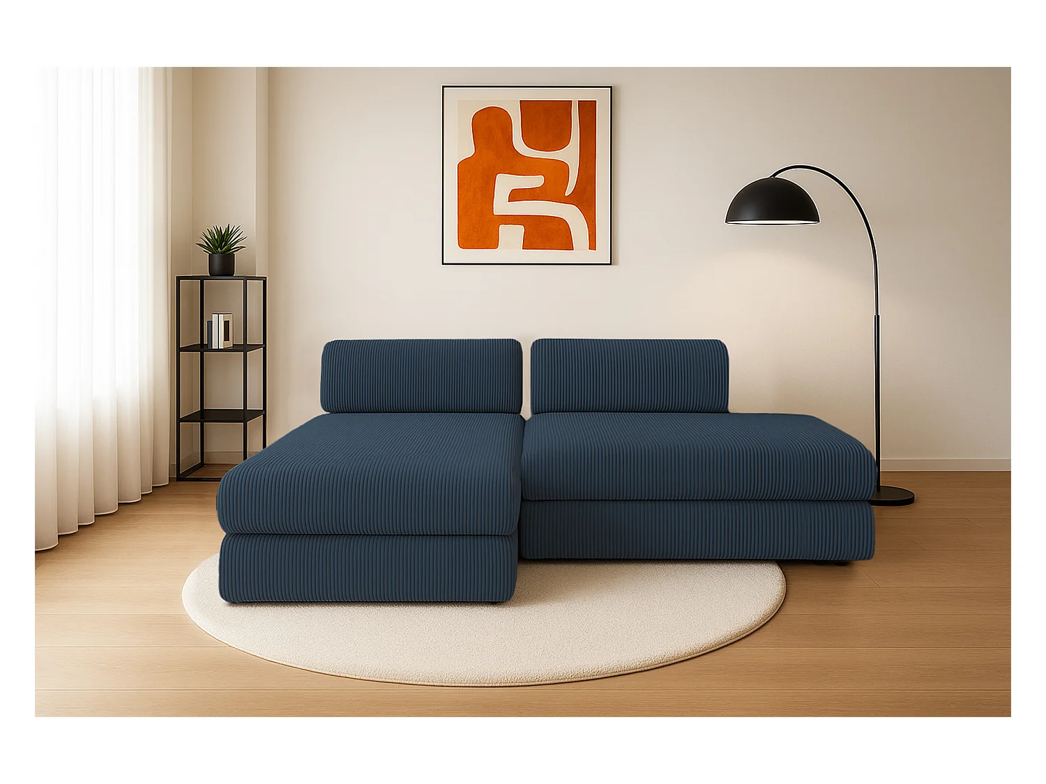 Canapé d'angle modulable et convertible 5 places - Velours côtelé - Bleu