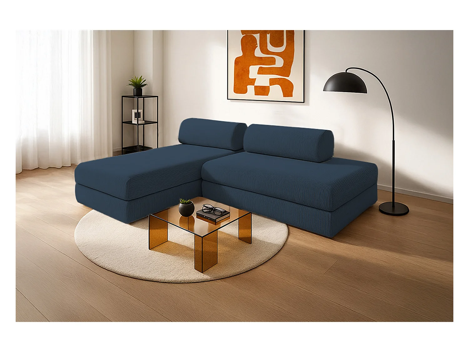 Canapé d'angle modulable et convertible 5 places - Velours côtelé - Bleu