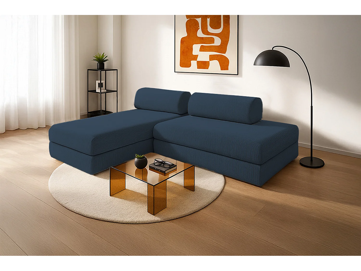 Canapé d'angle modulable et convertible 5 places - Velours côtelé - Bleu