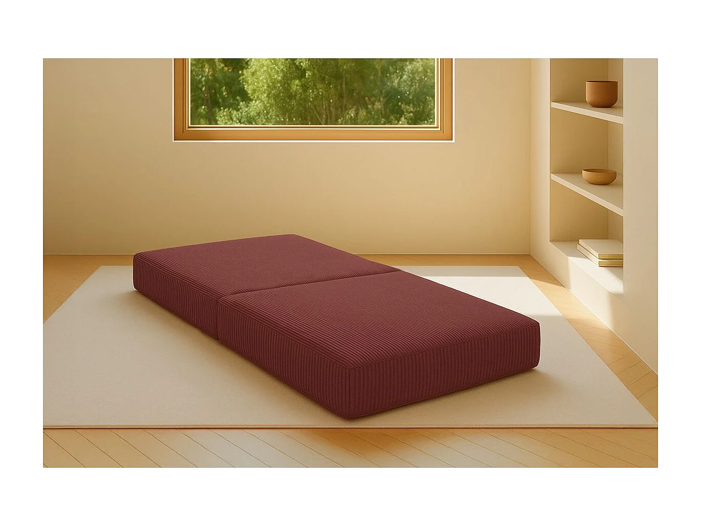Pouf modulable et convertible - Velours côtelé - Rouge