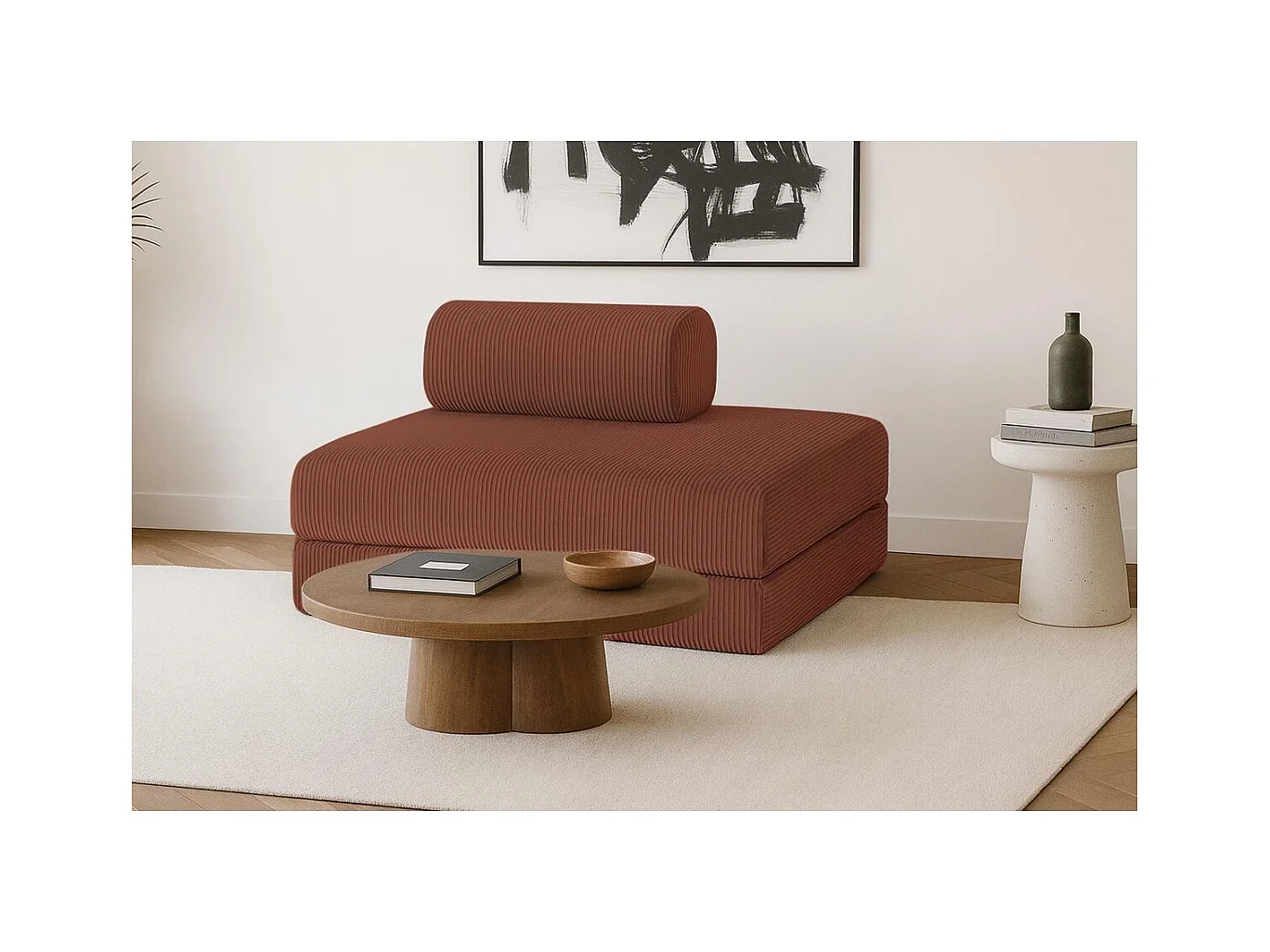 Canapé droit modulable et convertible 2 places - Velours côtelé - Terracotta