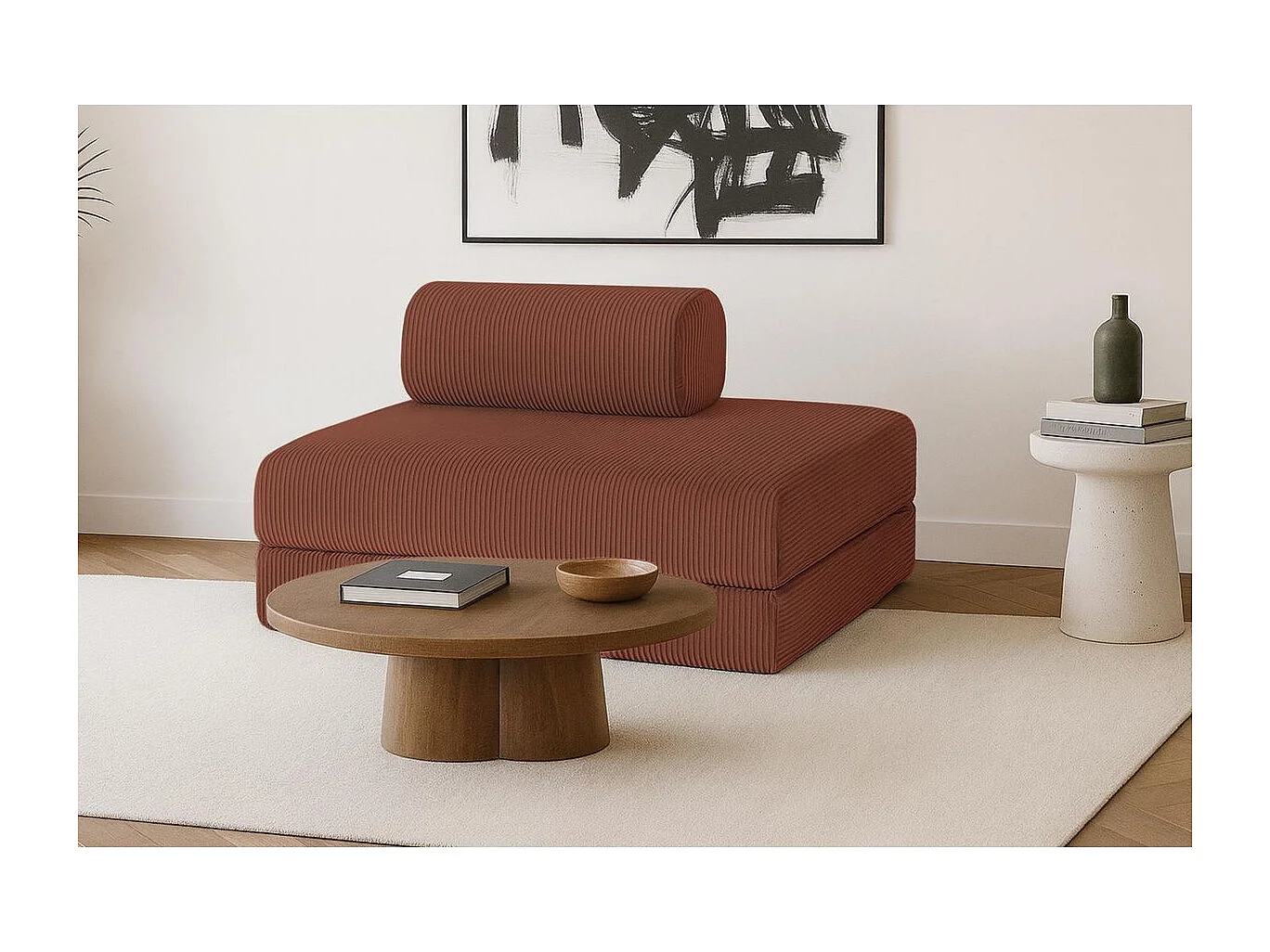 Canapé droit modulable et convertible 2 places - Velours côtelé - Terracotta