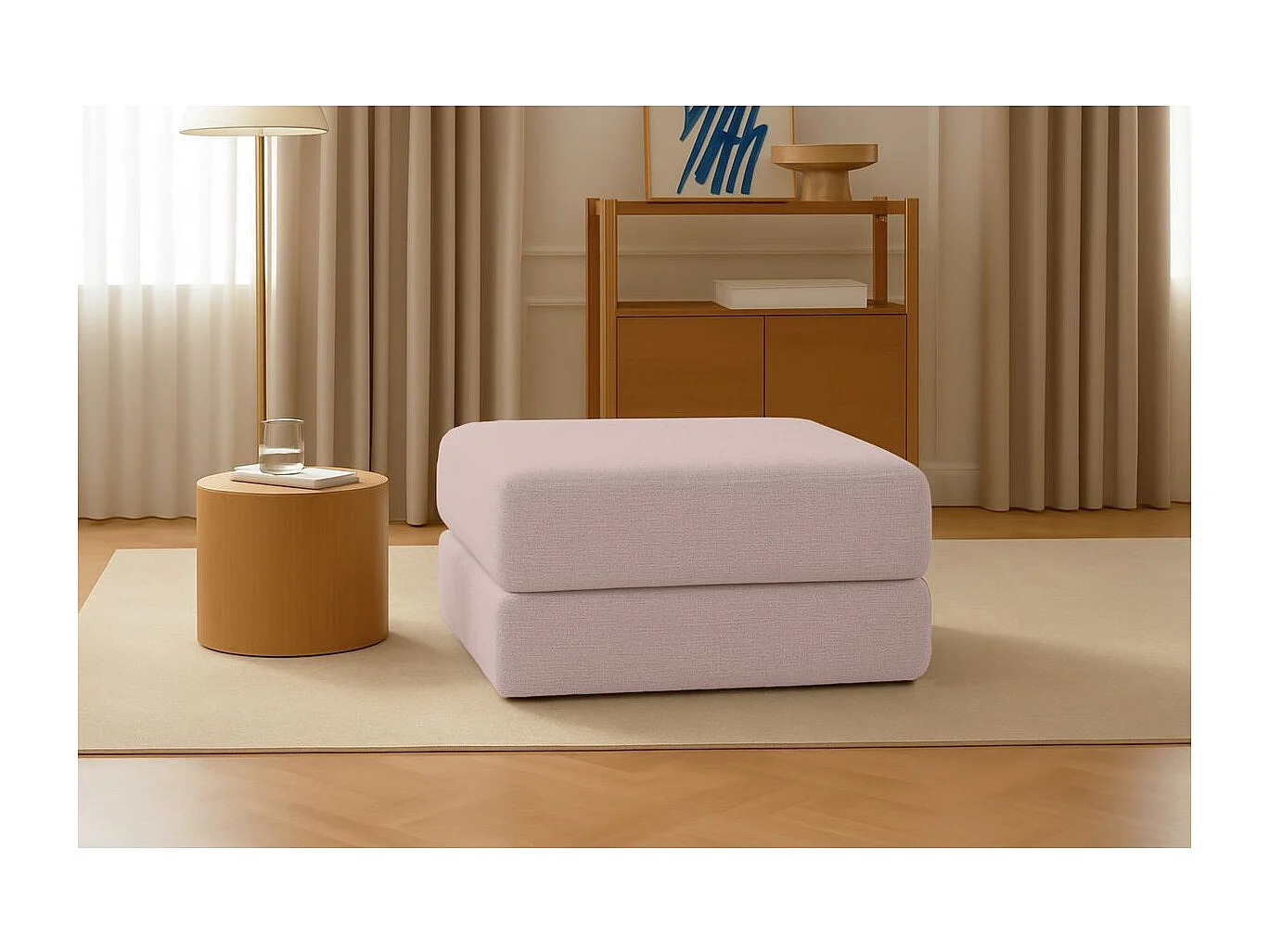 Pouf modulable et convertible - Tissu lisse - Rose