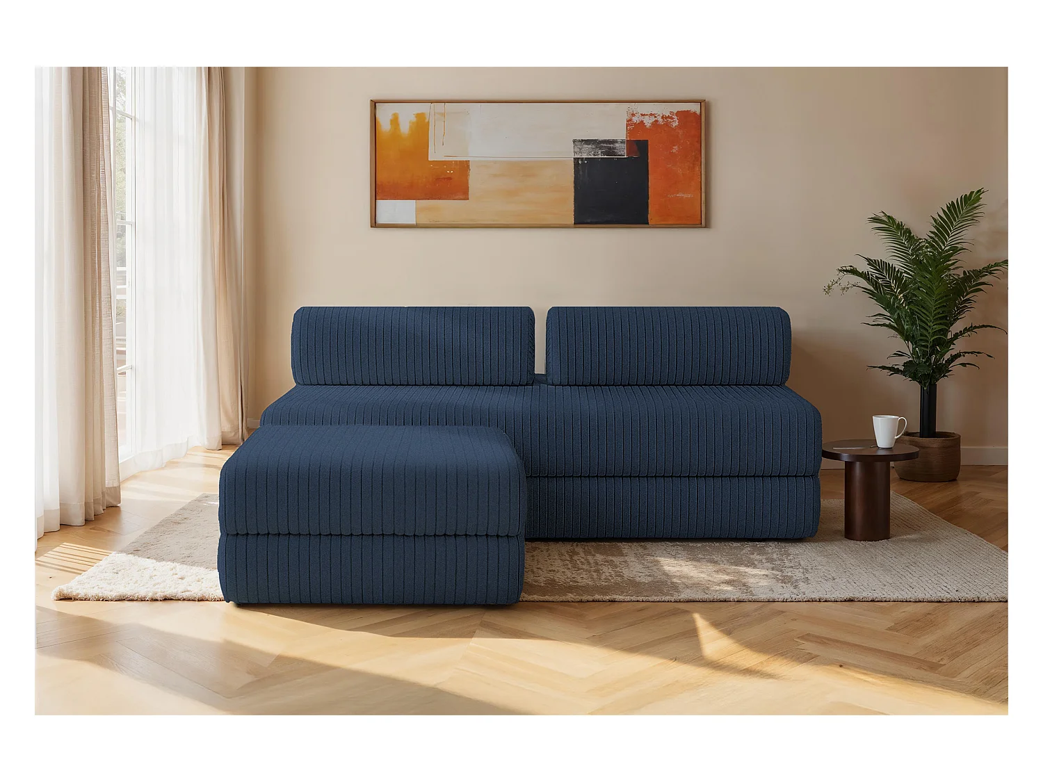 Canapé d'angle modulable et convertible 4 places - Velours côtelé XL - Bleu