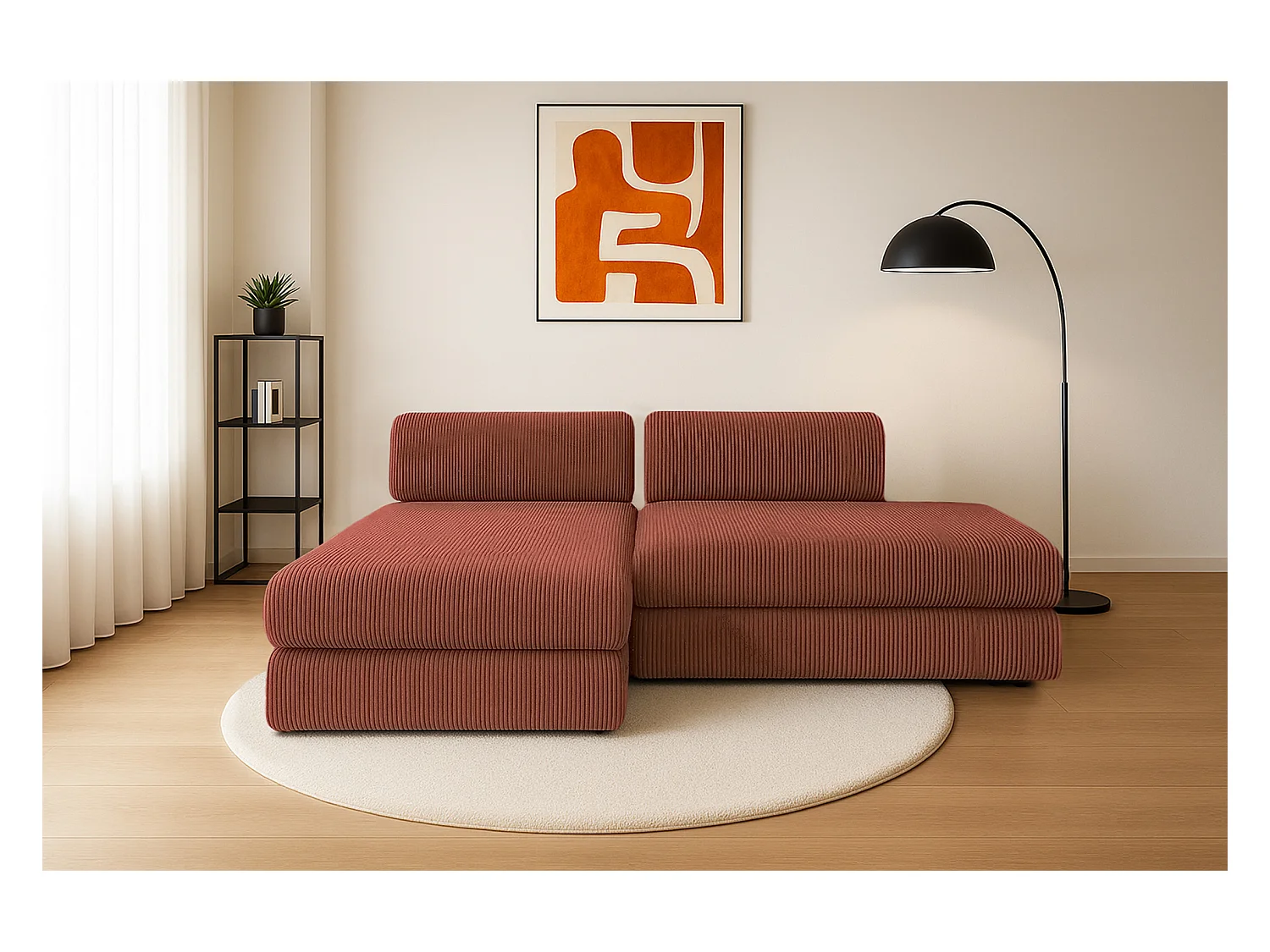 Canapé d'angle modulable et convertible 5 places - Velours côtelé - Terracotta